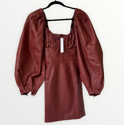 Pre-owned Asos Design Asos Edition Womens Real Leather Mini Dress With Bust Ruching In Chestnut 2 In Brown