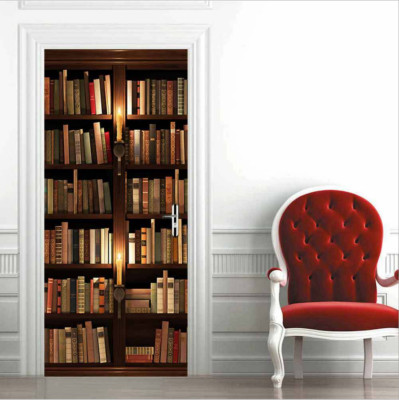 3D Self Adhesive Vintage Bookshelf Candle Book Door Sticker Wall Mural Wallpaper