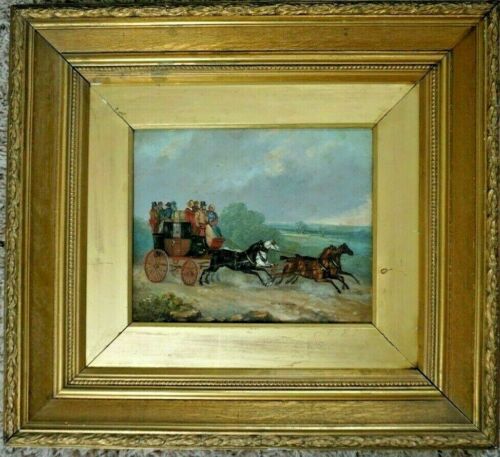Oil painting on tin, four horse break carriage. Ornate wood,Gold framed 18x16x3 