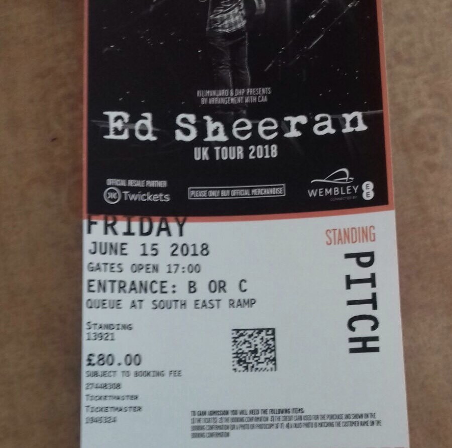Ed Sheeran standing tickets x2 for 15th June at Wembley ...