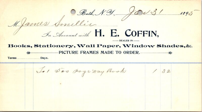 HE Coffin Bath NY 1895 Billhead Books Stationery Wall Paper