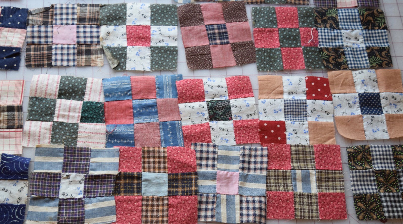 56 antique 1870-90's tiny 9 Patch quilt blocks, neons, indigo, pinks, shirtings