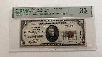 Quaker City Ohio , National Bank ,1929 T-1, $20, Charter  1989, Scarce !