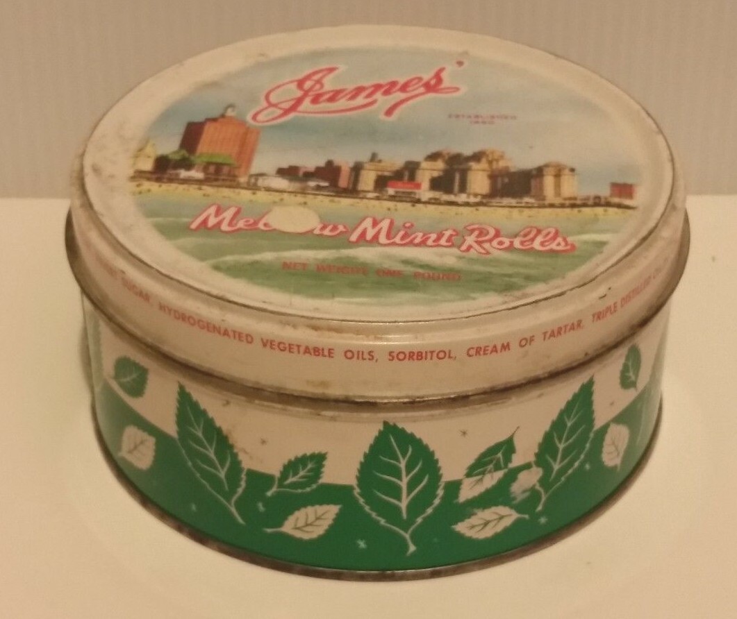 ATLANTIC CITY NJ JAMES  SALT WATER TAFFY CO MELLO MINT ROLLS VINTAGE CANDY TIN  