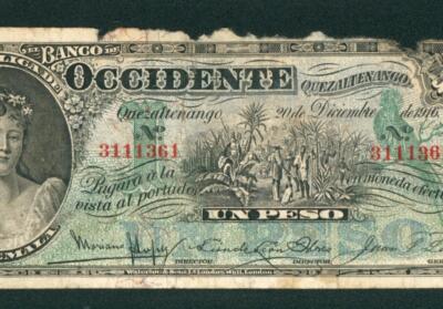 1 Un Peso 1916 El Banco De Occidente Quezaltenango Republica De Guatemala