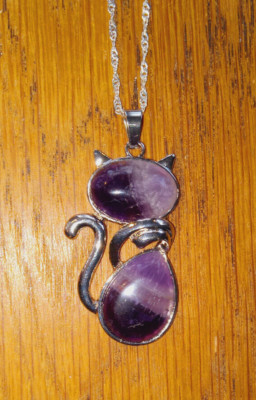 Amethyst Cat Pendant on 20'' Twisted Silverplated chain,Bastet, Cat Goddess Magic