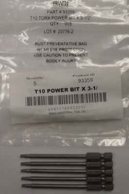 Irwin 3-1/2'' OAL Torx Power Bit T10 1/4'' Hex Drive 5pcs. 93359
