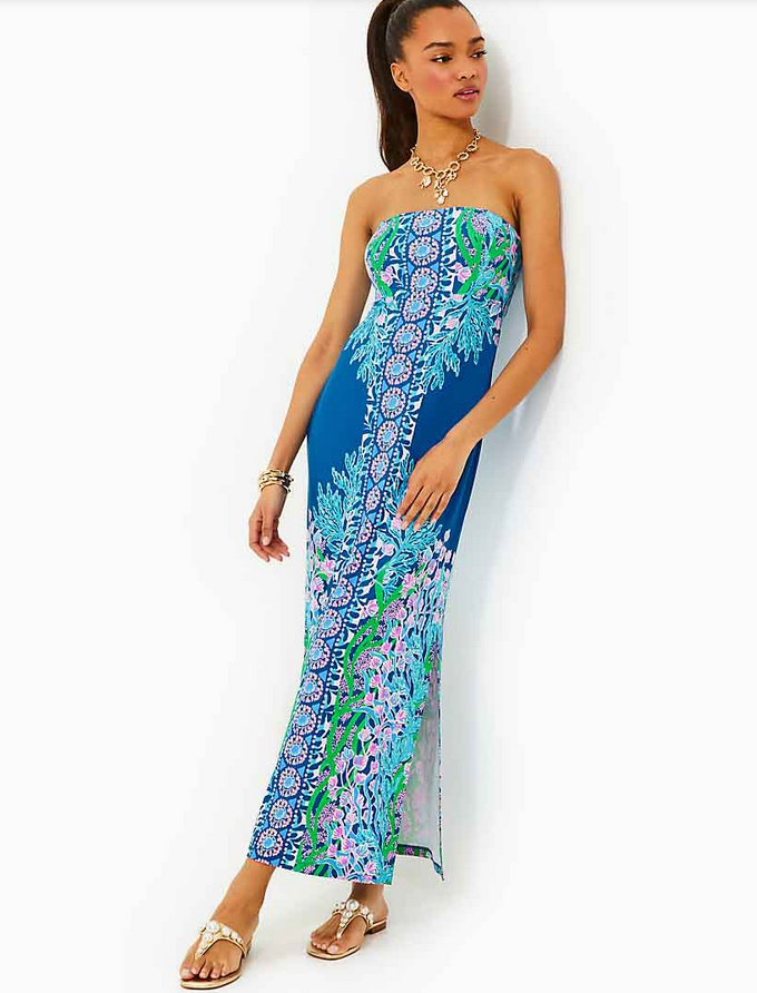 Pre-owned Lilly Pulitzer Size 4 Noa Strapless Maxi Dress Seacret Escape Barton Blue