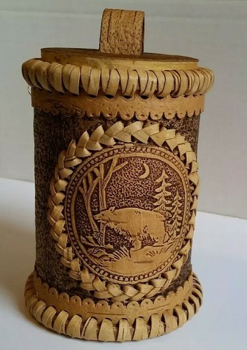 Handcrafted Russian Birch Bark Bear Decorated Storage Canister or Trinket Box