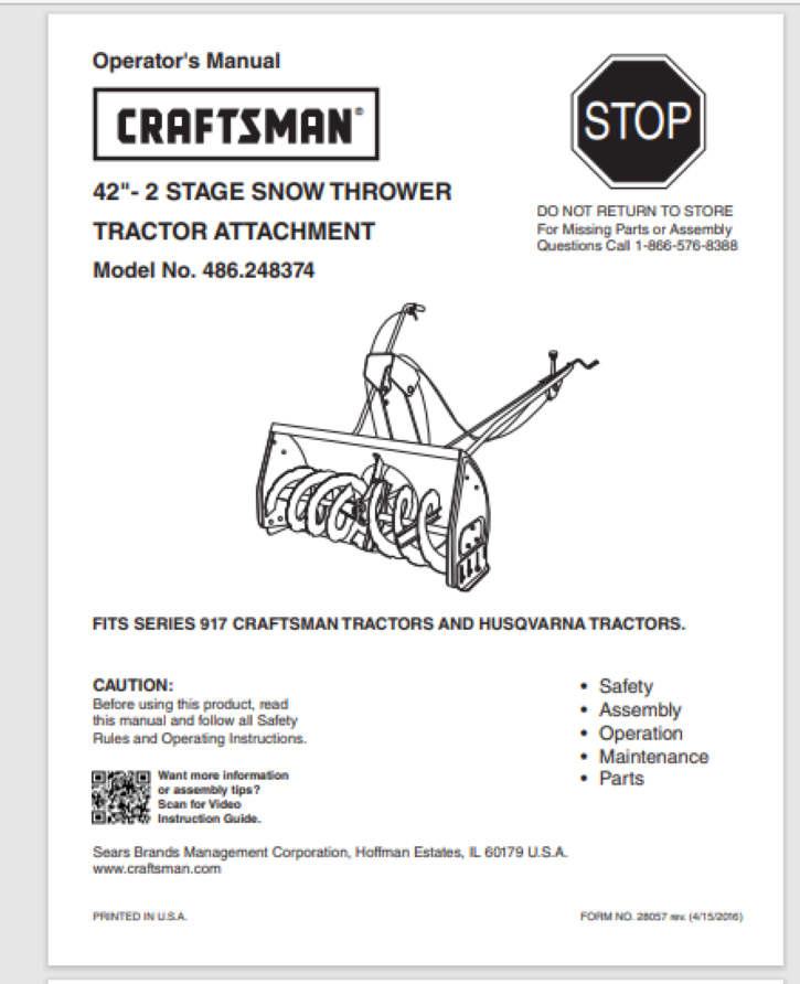 ⑅ᗩᒪIᑕᕮ﻿⑅ Craftsman 486.248374 Snow thrower attachment owner manual 42