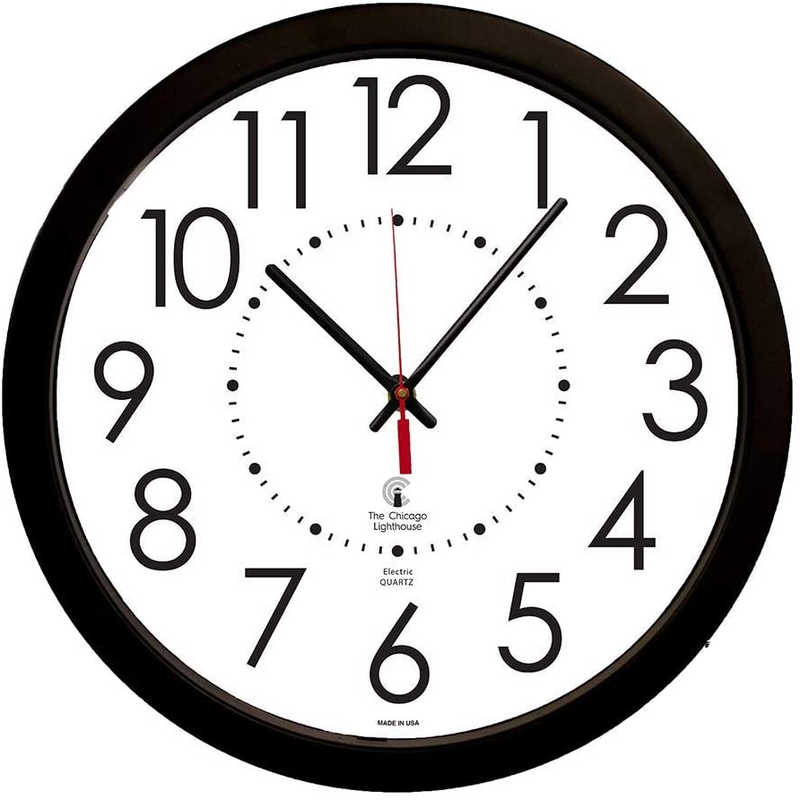 THE CHICAGO LIGHTHOUSE Electric Clock with White Dial, 14-1/2-Inch, Black Frame