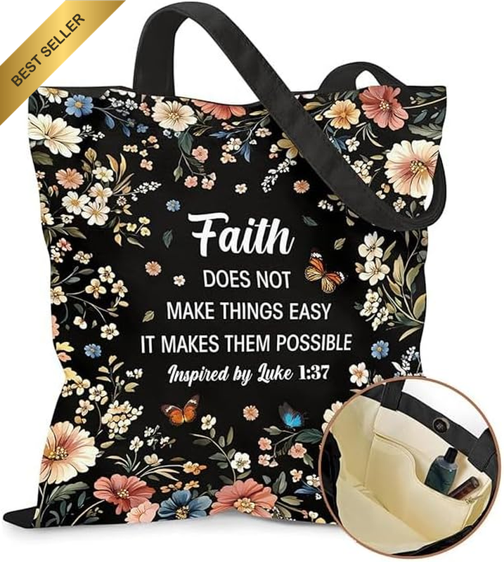 Floral Canvas Tote Bag with Faith Quote, Reusable Foldable Shopping Bag, Inner Z