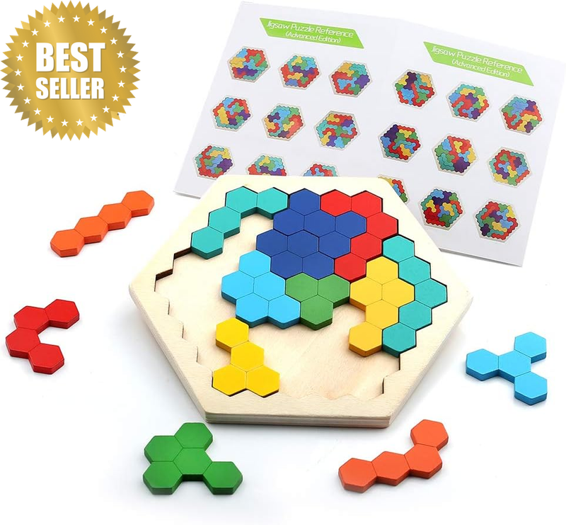 Wooden Brain Teaser Toy for Kids Adults Tangram Jigsaw Intelligence Colorful Hex