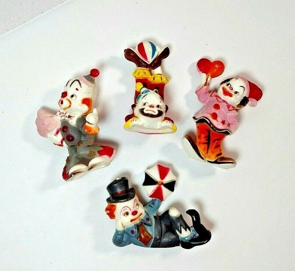 Vintage Clown Figures Plastic Lot of 4 Cake Toppers Crafting Decor Circus 1960s
