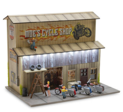 O Scale Rustic Motorcycle Shop LED Lit Exterior with Motorcycles Figures