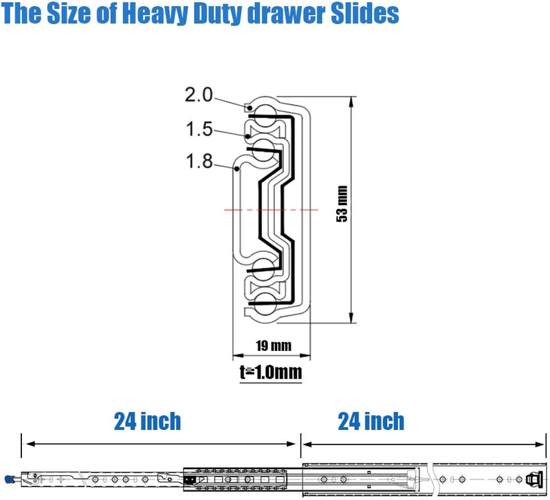 1 Pair 24 Inch 300 LB Capacity Heavy Duty Cabinet Drawer Slides,3-Section Full E