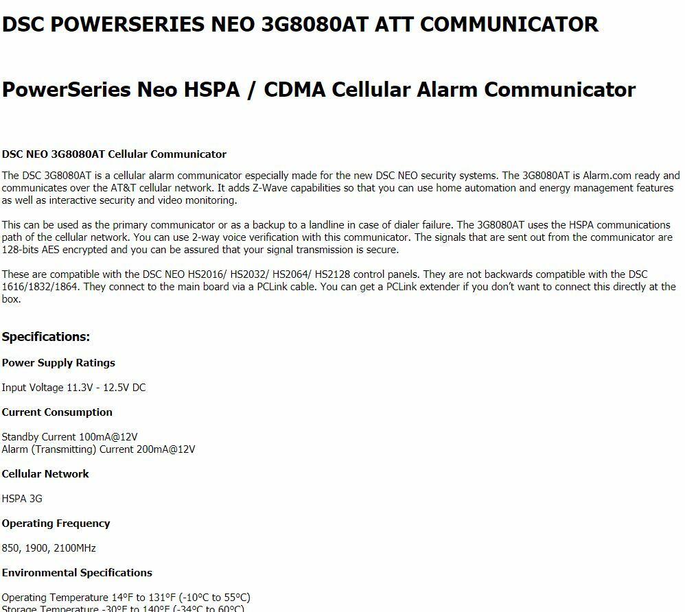3G8080AT - DSC PowerSeries Neo HSPA Cellular Alarm.com Communicator AT&T 3g8080