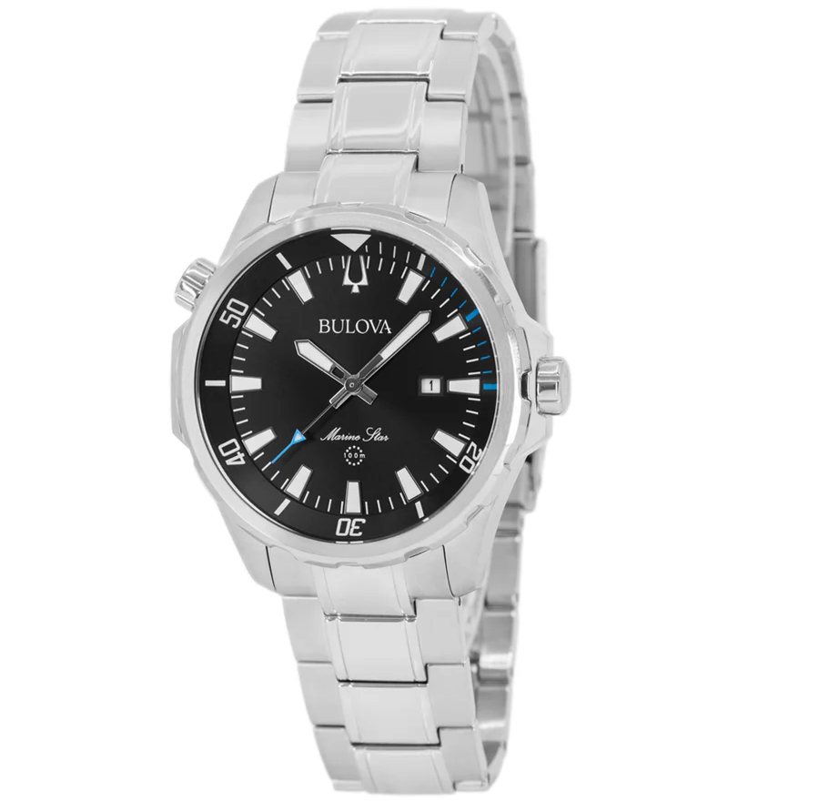 Pre-owned Bulova Marine Star 96b382 Black Dial Date Display Stainless Steel Men's Watch