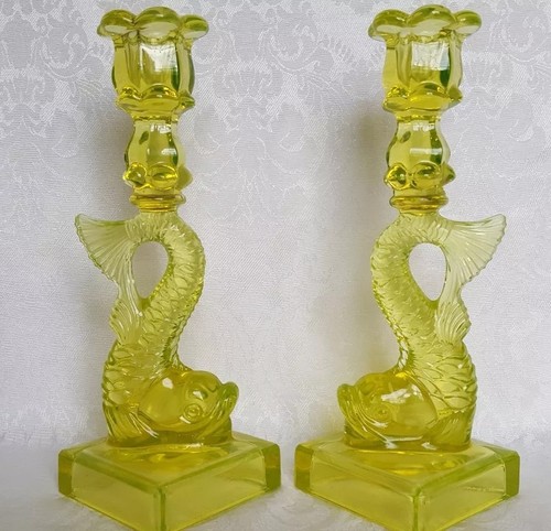 VINTAGE VASELINE GLASS KOI FISH CANDLESTICKS  MMA METROPOLITAN ART MUSEUM GLOW