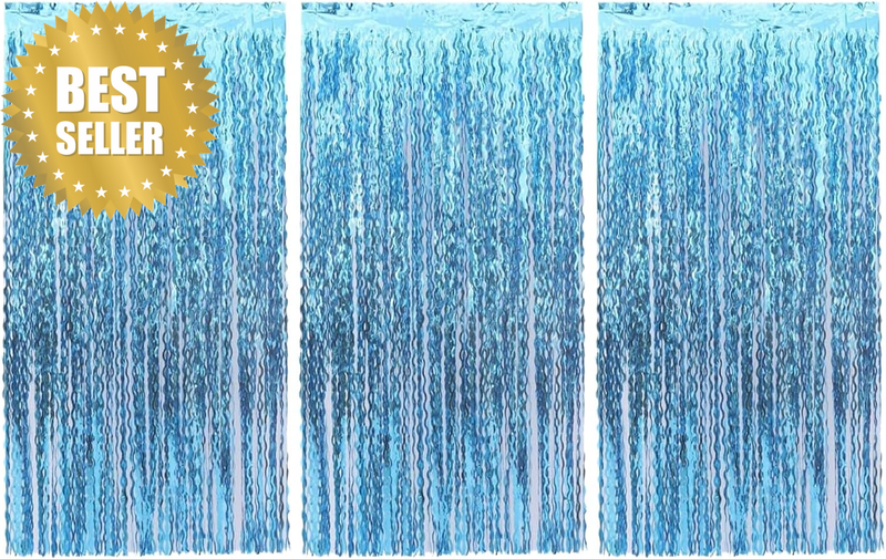 3 Pack Blue Wavy Tinsel Foil Fringe Curtains Ocean Mermaid Party Decor