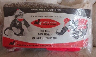 Vint NOS Red Heel Socks (2 PR) SOCK MONKEY & ELEPHANT DOLL Kit Instructions DIY