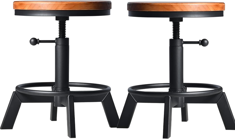Set of 2 Industrial Bar Stools Short Stool Swivel Wooden Seat Kitchen Island Chairs Counter Height Adjustable 15.2-21Inch