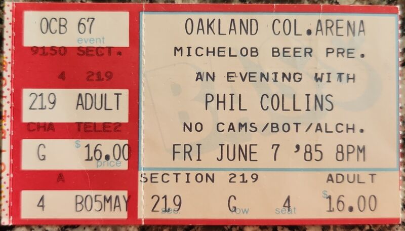 1985 Phil Collins Oakland Coliseum CA 6/7/85 Concert Ticket Stub Genesis