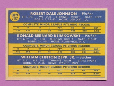 BLANK FRONT FACTORY ERROR 1970 TOPPS HIGH #702 JOHNSON ZEPP KLIMKOWSKI SET GRAVY