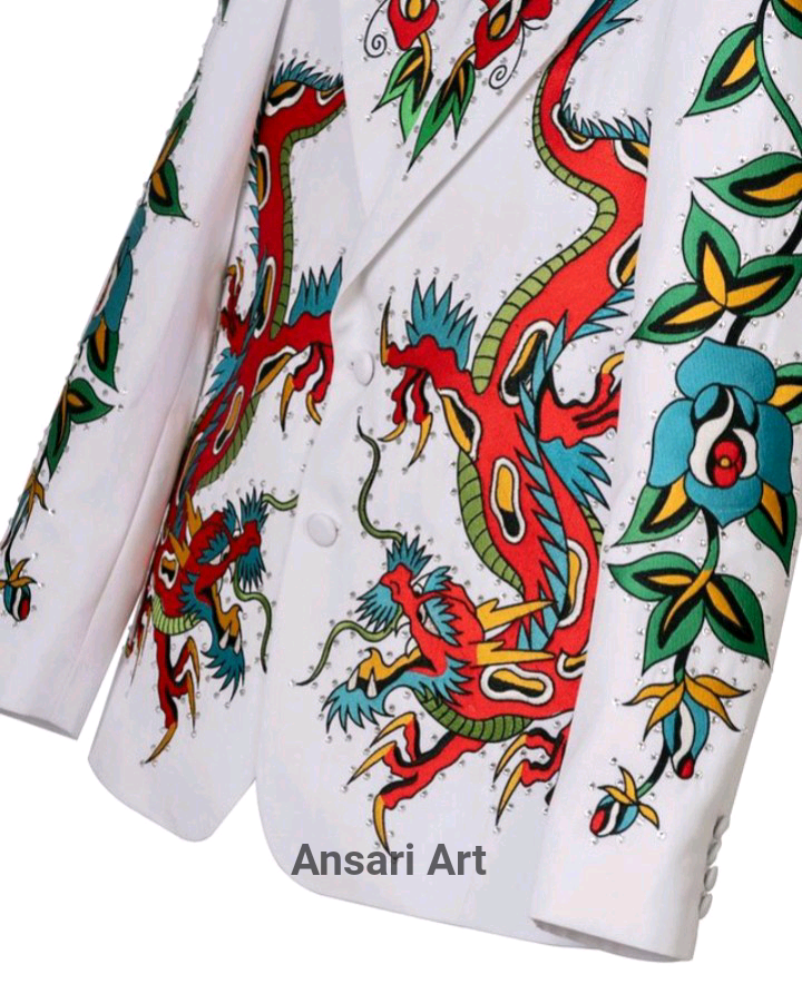 Pre-owned Art Men White Cotton 2pc Bespoke Country Western Suit Vintage Dragon's Suite Outfits