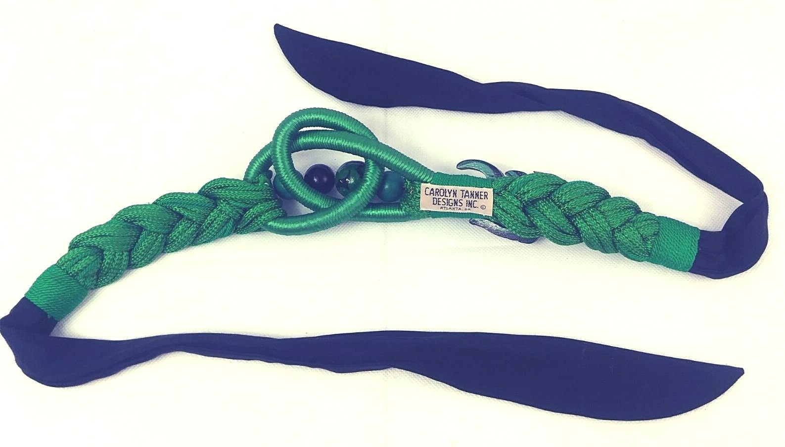 Carolyn Tanner Designer Rope Sash Tie Belt w/Wood Beads & Fish Green/Black Vtg