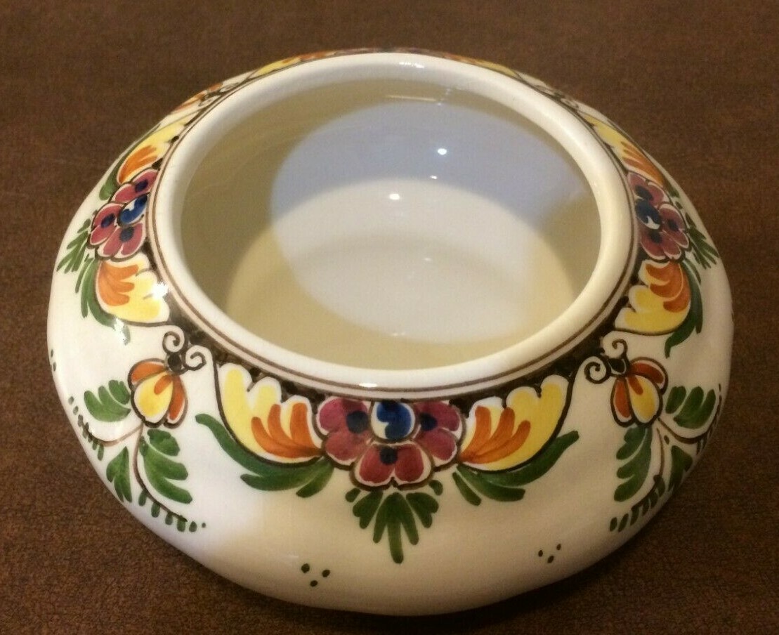 Dutch Delft Polychrome Trinket Dresser Dish Sugar Bowl With Cover Signed #1026