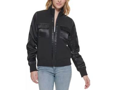 Karl Lagerfeld Paris Women Ruched-Sleeve Bomber Jacket Black Size XS 0882