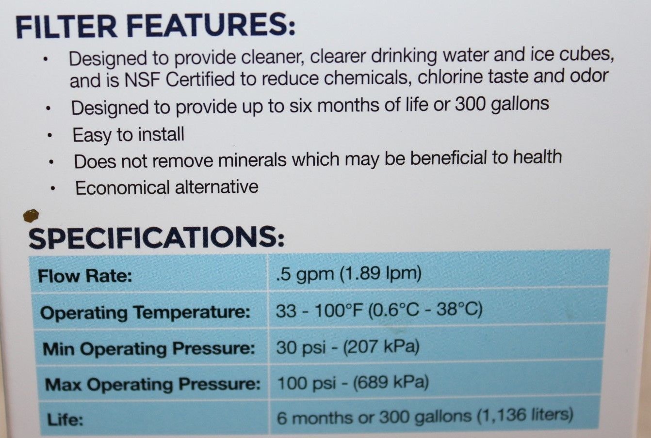 Earth Smart G-1 Refrigerator Replacement Water Filter Fits GE MWF Sealed