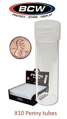 BCW 10 Round US Penny Coin Tubes Clear Plastic Cent Storage Tubes Screw On Cap