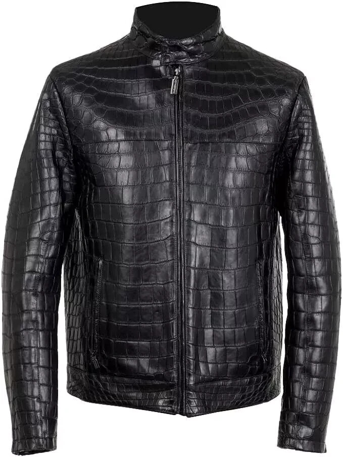 Men's Black Real Leather Crocodile Embossed Jacket Biker Alligator