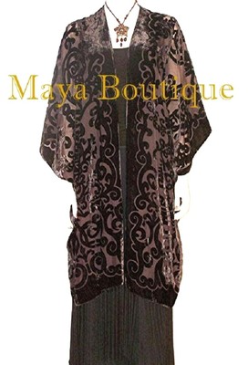 Pre-owned Maya Matazaro Coco Brown Art Nouveau Caftan Kimono Fringe Duster Burnout Velvet