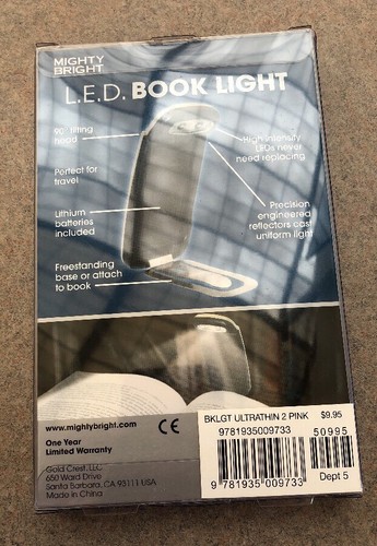 New NIP Mighty Bright UltraThin Thin Book Light Booklight Reading LED Pink