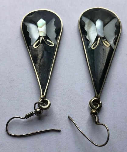Vintage Alpaca Mexico Dangle Earrings Onyx And Mother Of Pearl MOP Butterflies