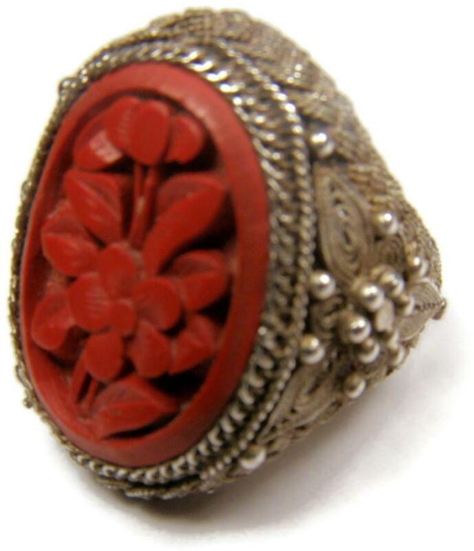 1920s Chinese Export Sterling Silver Floral Carved Cinnabar Ring One Size