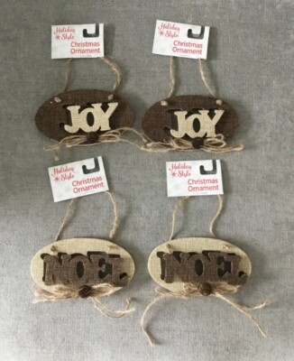 Burlap Christmas Ornaments- Joy & Noel- Tan & Brown With Jute Trim Set Of 4 NWT