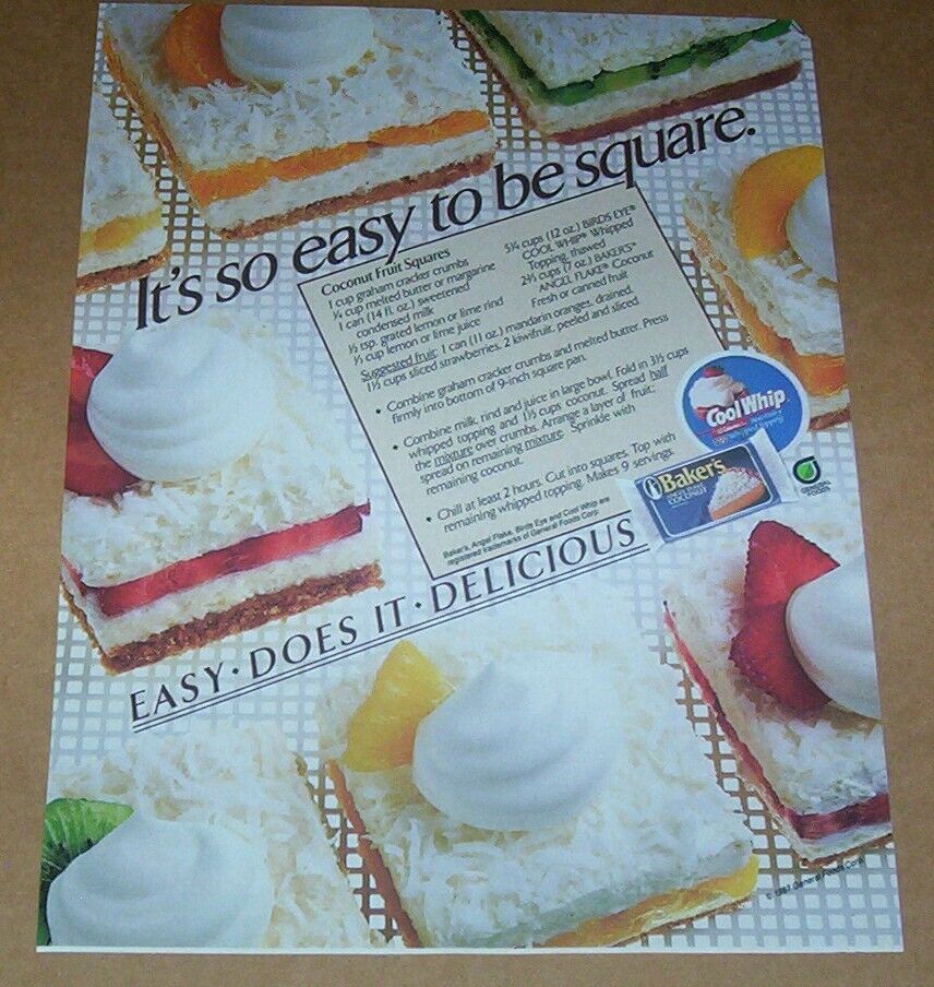 1987 print ad - Birds Eye Cool Whip Baker's Coconut Fruit Squares dessert recipe