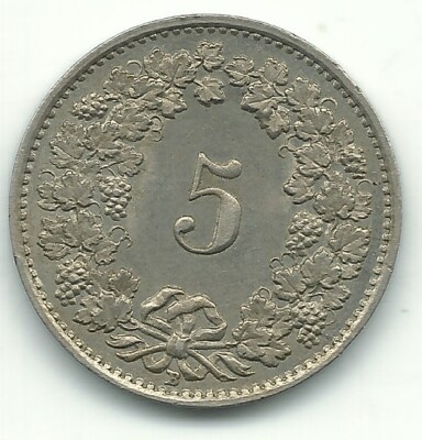 VINTAGE HIGH GRADE AU + 1944 B  SWITZERLAND 5 RAPPEN COIN-MAR087