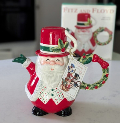 Fitz And Floyd Snack Therapy Ceramic Santa Tea Pot Pitcher w Cup Lid