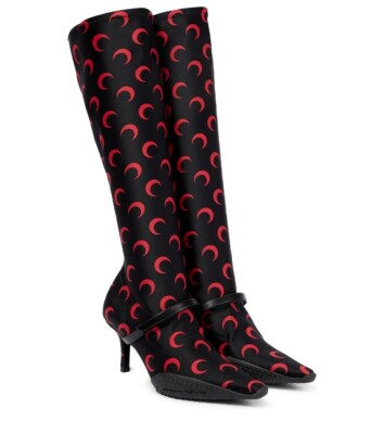 NEW Marine Serre Crescent Moon 50mm Heel Sock Knee High Boot- Black/Red- 40/10US
