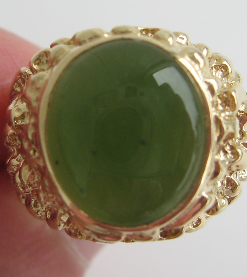 Nephrite Green Jade Signet Ring Mens 14k Yellow Gold Nugget Like Band Signed TRC