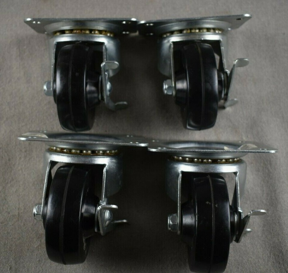 Lot of 4 Soft Rubber Swivel Plate Caster Wheels Rolling 225 Lbs Brakes 4