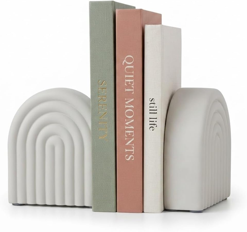 Decorative Concrete Bookends Set of 2, Heavy Duty Book Stoppers with Anti-Slip P
