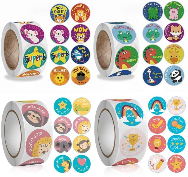 2000PCS Multicolor Animal Cartoon Stickers,4 Rolls, 1 Inch Round