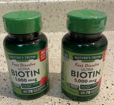 (LOT OF 2) Nature's Truth Ultra Biotin Tablets Natural Berry 5000 mcg 78 Ct