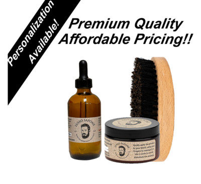 Beard Care Kit, Beard Oil 4 oz, Beard Balm 4 oz, & Wood Brush Personalized